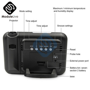 Творчески цветен LCD цифров прожекционен будилник температура термометър влажност хигрометър бюро LED време проектор календар