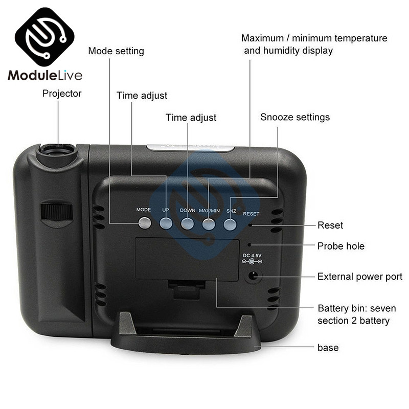 Radošs krāsu LCD digitālais projekcijas modinātājs temperatūras termometrs mitrums higrometrs galda LED laika projektora kalendārs