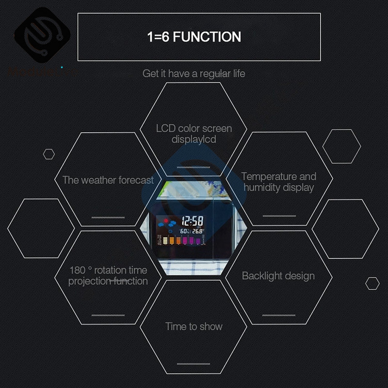 Radošs krāsu LCD digitālais projekcijas modinātājs temperatūras termometrs mitrums higrometrs galda LED laika projektora kalendārs