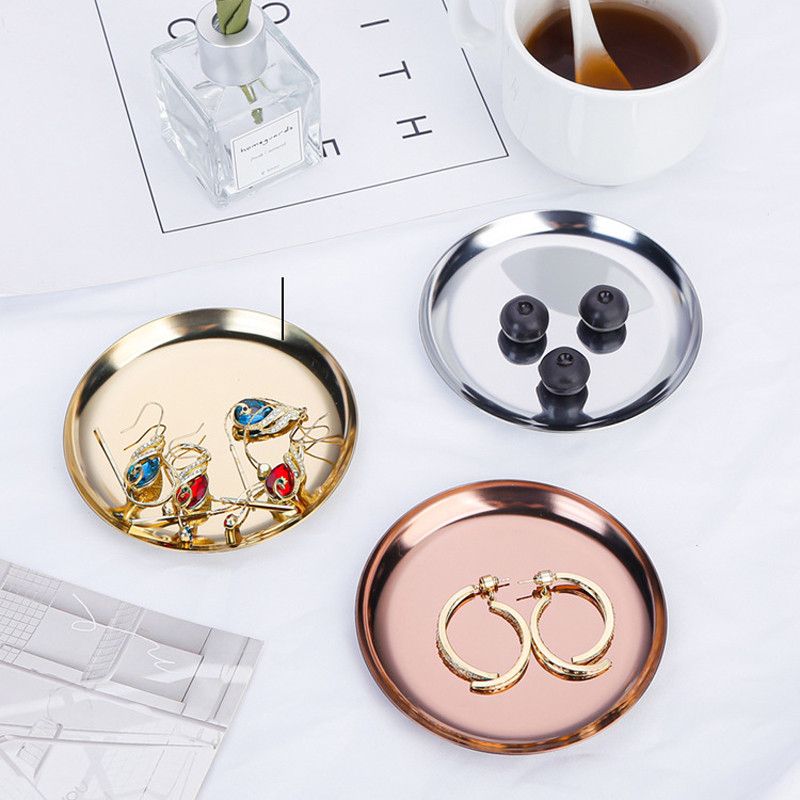 Ins nerūsējošā tērauda apaļa glabāšanas paplāte Galddatora Kosmētika Juvelierizstrādājumu glabāšanas paplāte Metāla paplāte Foto ornaments