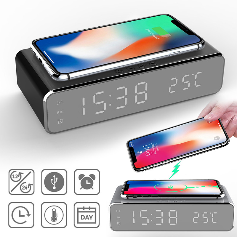Ceas Deșteptător LED Încărcător fără fir QI Pentru iPhone Samsung Huawei Cu Termometru Digital Afișare Data Ceas Electric