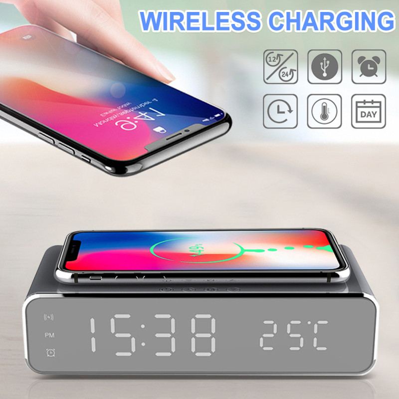 Ceas Deșteptător LED Încărcător fără fir QI Pentru iPhone Samsung Huawei Cu Termometru Digital Afișare Data Ceas Electric