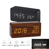 Koka modinātājpulkstenis Despertador LED koka pulksteņu galda balss vadības digitālais USB/AAA darbināms elektroniskais galda pulksteņi