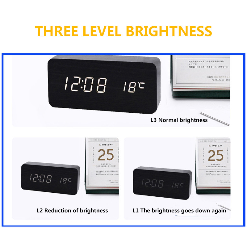 Koka modinātājpulkstenis Despertador LED koka pulksteņu galda balss vadības digitālais USB/AAA darbināms elektroniskais galda pulksteņi