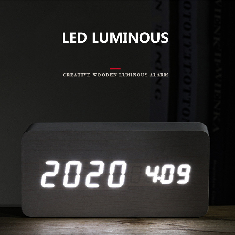 Koka modinātājpulkstenis Despertador LED koka pulksteņu galda balss vadības digitālais USB/AAA darbināms elektroniskais galda pulksteņi