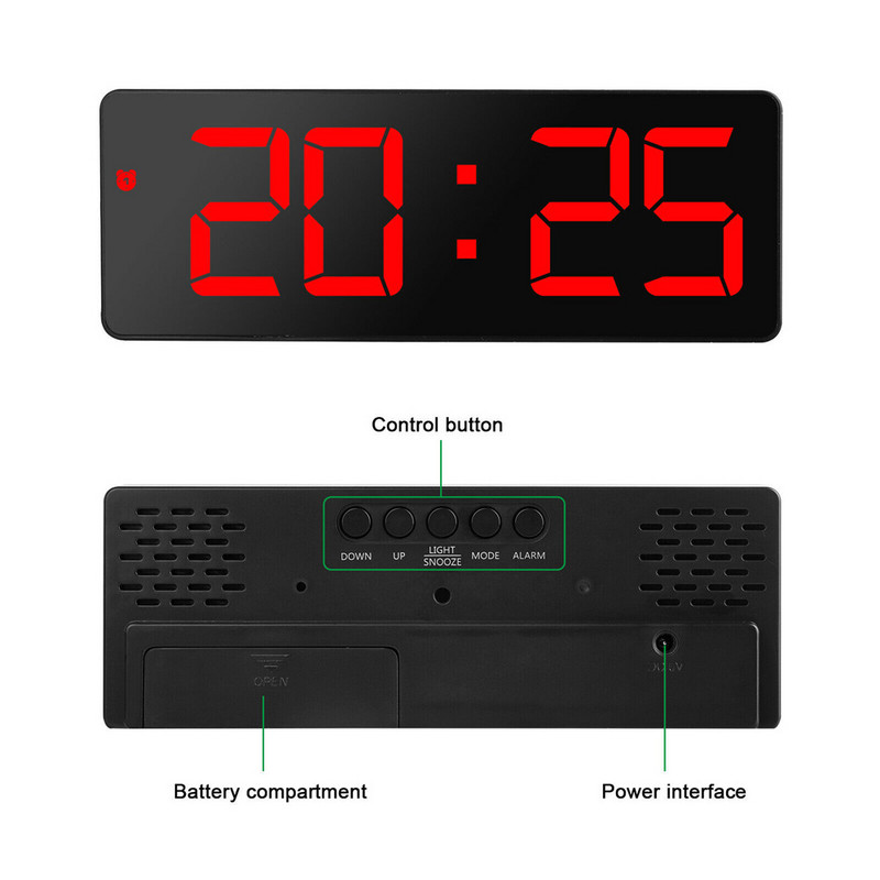 Digitális LED asztali ébresztőóra nagy tükör kijelző USB szundi hőmérséklet mód