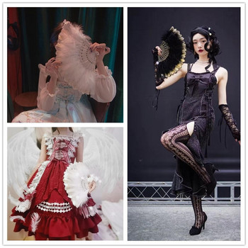 Сгъваем вентилатор с пера на Лолита, японска сладка фея, момиче, тъмен готически придворен танц, ръчно ветрило, изкуство, занаят, подарък, украса за сватбено тържество