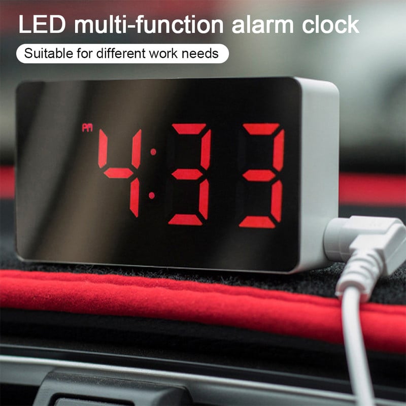 Ceas cu alarmă cu oglindă digitală cu LED Mini ceas Multifuncțional Amânare Afișare Ora Noapte Lumină LCD Masă Desktop USB 5v/Fără baterie