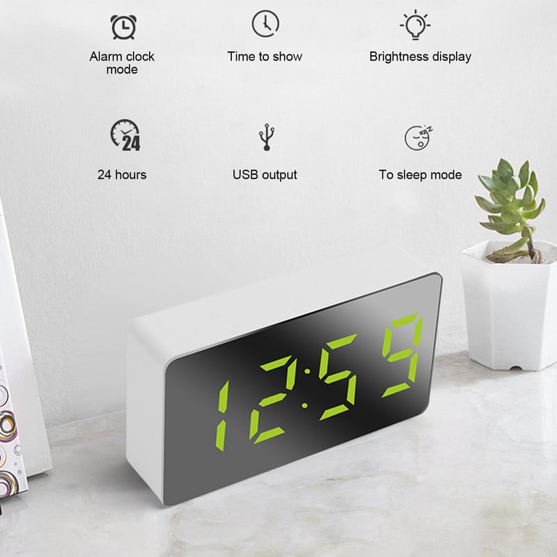 Ceas cu alarmă cu oglindă digitală cu LED Mini ceas Multifuncțional Amânare Afișare Ora Noapte Lumină LCD Masă Desktop USB 5v/Fără baterie