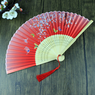 Összecsukható kézi legyező Vintage selyem bambusz kínai szövet legyezők minta művészet kézművesség japán legyező dekoráció otthoni menyasszony kézi összecsukható ventilátor