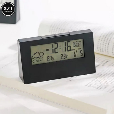 Új LCD elektromos asztali ébresztőóra fehér naptárral és digitális hőmérséklet páratartalom Modern otthoni irodai óra elemmel működik