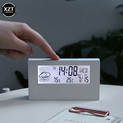 Új LCD elektromos asztali ébresztőóra fehér naptárral és digitális hőmérséklet páratartalom Modern otthoni irodai óra elemmel működik