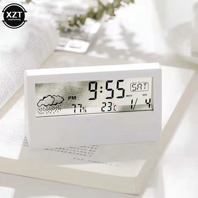 Új LCD elektromos asztali ébresztőóra fehér naptárral és digitális hőmérséklet páratartalom Modern otthoni irodai óra elemmel működik