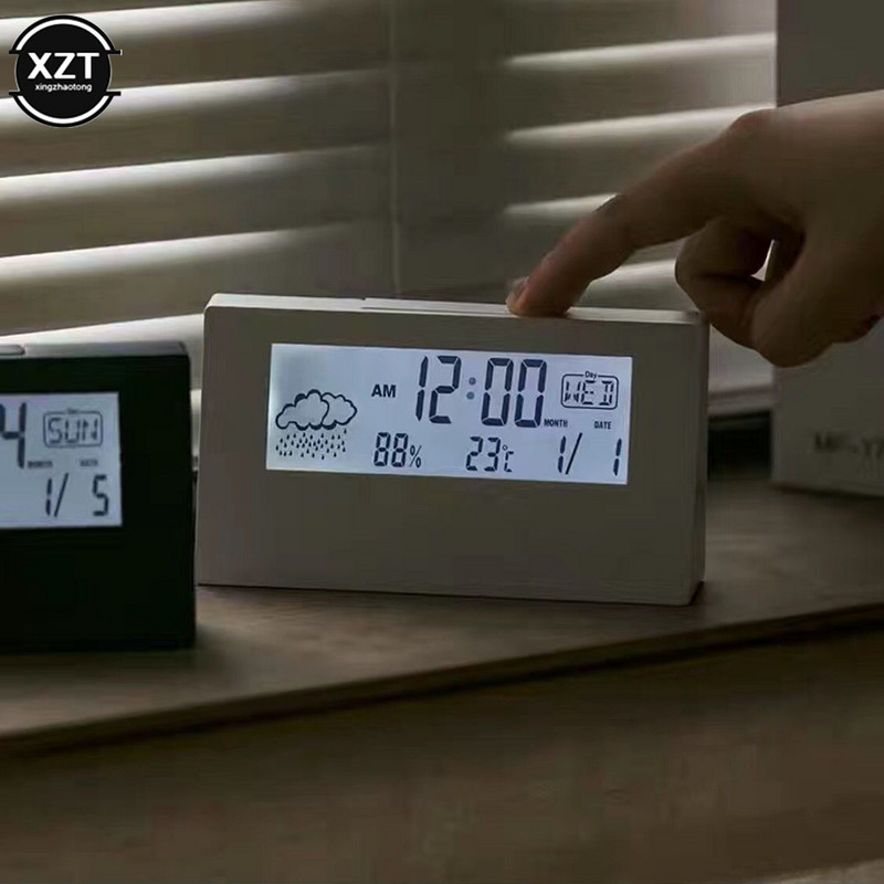 Új LCD elektromos asztali ébresztőóra fehér naptárral és digitális hőmérséklet páratartalom Modern otthoni irodai óra elemmel működik
