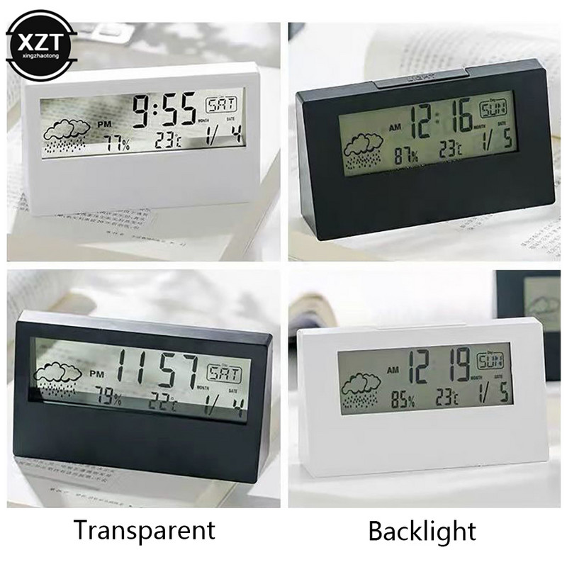 Új LCD elektromos asztali ébresztőóra fehér naptárral és digitális hőmérséklet páratartalom Modern otthoni irodai óra elemmel működik