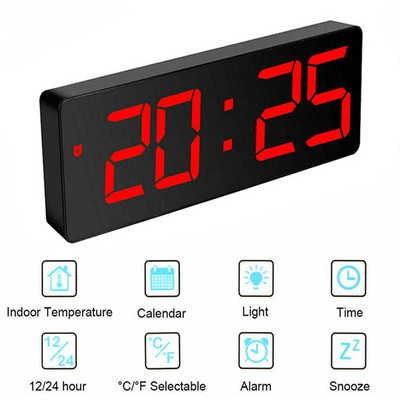 Ceas cu alarmă digital din acril, oglindă, afișaj cu LED, control vocal, temperatură, calendar, funcție de amânare, 12/24 de ore, alarme duble, decorațiuni pentru casă