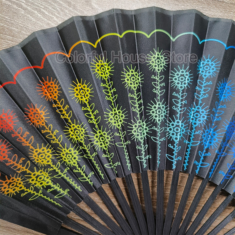 Karnevāla festivāls Roku traipu vēdeklis, liels saliekams ventilators, apdruka Kung Fu ventilators, satīns, bambusa kauls, dāvana kāzu deju piederumi 23 cm