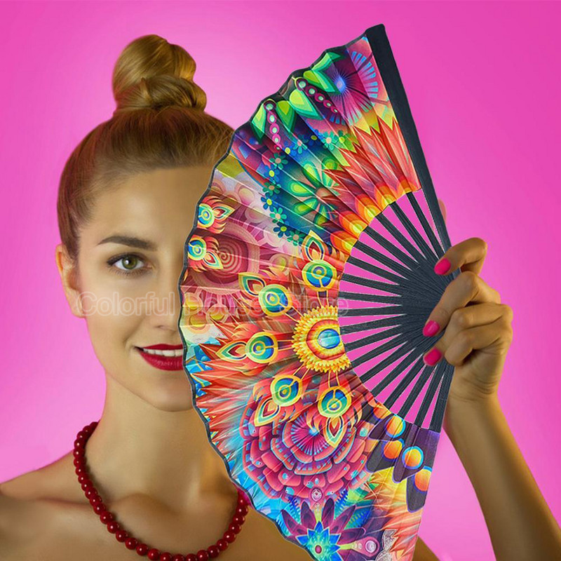 Karnevāla festivāls Roku traipu vēdeklis, liels saliekams ventilators, apdruka Kung Fu ventilators, satīns, bambusa kauls, dāvana kāzu deju piederumi 23 cm