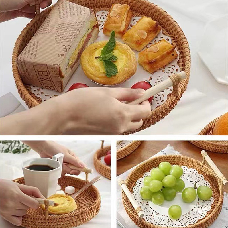 Apaļi pārtikas uzglabāšanas šķīvji, ar rokām austi rotangpalmas uzglabāšanas paplāte ar koka rokturi, pīts mājas augļu paplāte Augļu kūkas pārtikas šķīvis