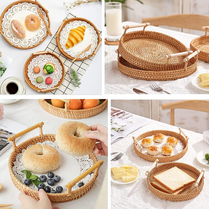 Apaļi pārtikas uzglabāšanas šķīvji, ar rokām austi rotangpalmas uzglabāšanas paplāte ar koka rokturi, pīts mājas augļu paplāte Augļu kūkas pārtikas šķīvis