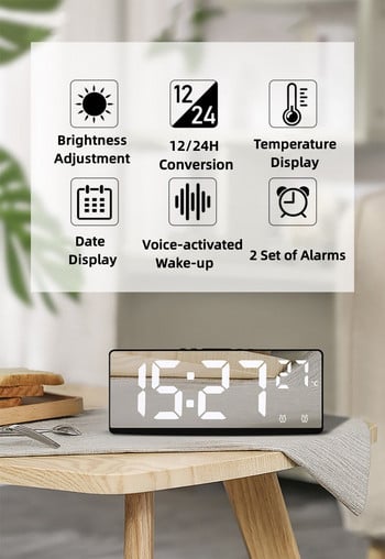 Φωνητικός έλεγχος Καθρέφτης Ρολόι Ξυπνητήρι Ψηφιακή θερμοκρασία Διπλό Ξυπνητήρι Αναβολή Επιτραπέζιου Ρολόι Νυχτερινή λειτουργία 12/24ωρο Ρολόι LED