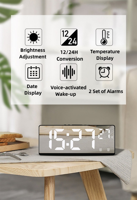 Balss vadības spogulis modinātājpulkstenis digitālais temperatūras dubultais modinātājs atlikt darbvirsmas galda pulkstenis nakts režīms 12/24h LED pulkstenis