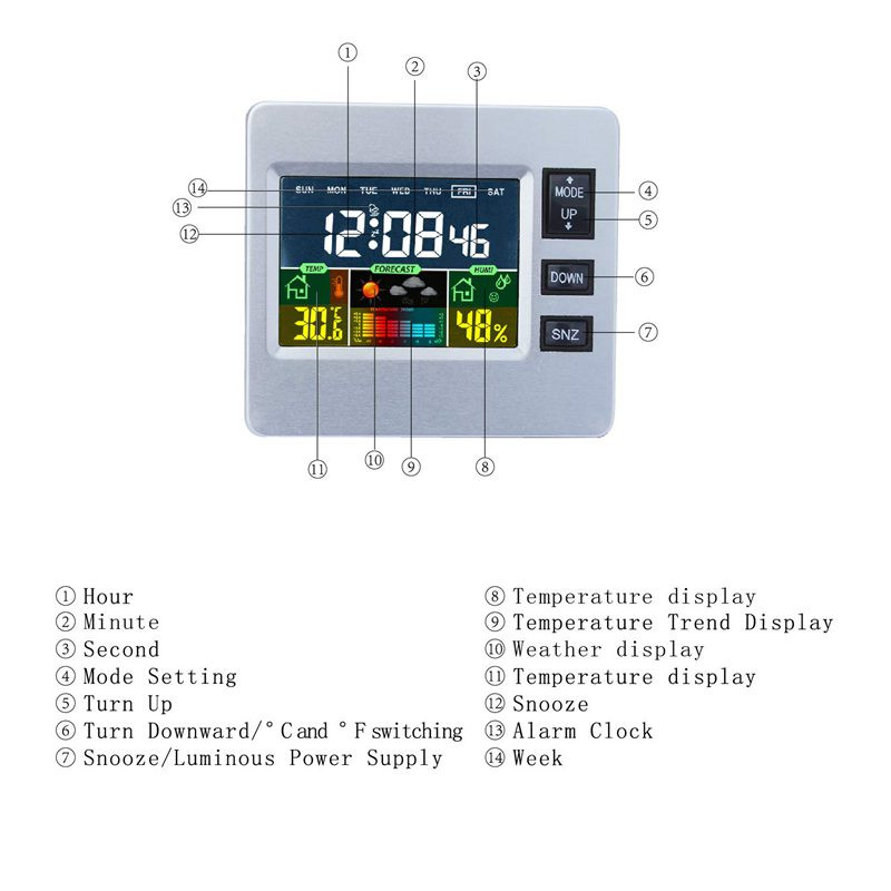 Ψηφιακός ασύρματος μετεωρολογικός σταθμός με έγχρωμη οθόνη LCD για πρόγνωση καιρού με αισθητήρα εσωτερικού χώρου παρακολούθησης θερμοκρασίας υγρασίας Ala