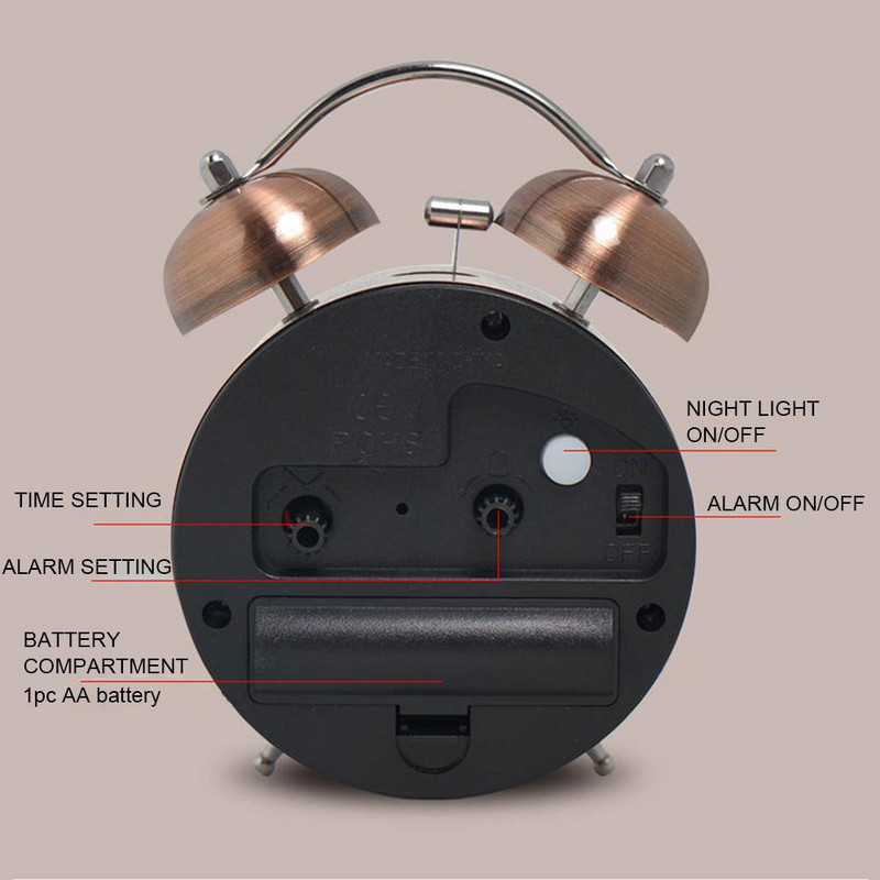 Ceas retro, luminos, cu clopoțel dublu, ceas cu alarmă tare, super silențios, fără ticăituri, ceas cu alarmă pentru copii, acasă, birou, dormitor, noptiera