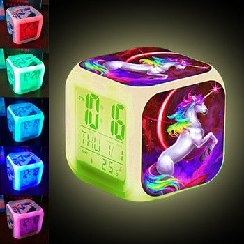 Χαριτωμένο κινούμενα σχέδια Unicorn LED Ξυπνητήρι Παιδικά 7 χρώματα που αλλάζουν ψηφιακά ρολόγια γραφείου Φως νύχτας Ρολόι κύβος Παιδικά δώρα γενεθλίων