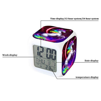 Сладък анимационен еднорог LED будилник Детски 7 цвята Променящи се цифрови настолни часовници Нощна светлина Cube Clock Детски подаръци за рожден ден