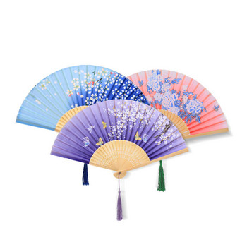 Сгъваем вентилатор в японски стил Китайски копринен ръчен вентилатор Винтидж сватбено танцово парти Аксесоари за косплей Начало Декор Бамбукови занаяти Подарък