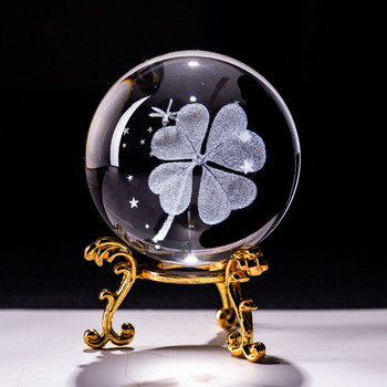 6CM кристална топка Четирилистна детелина Миниатюри 3D лазерно гравирана стъклена сфера Пресапапие Декорация на дома Орнаменти Подаръци Фигурка