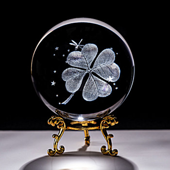 6CM кристална топка Четирилистна детелина Миниатюри 3D лазерно гравирана стъклена сфера Пресапапие Декорация на дома Орнаменти Подаръци Фигурка