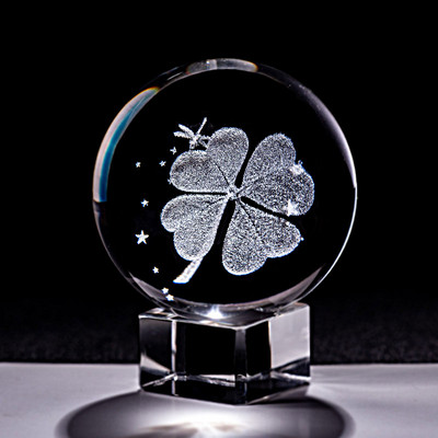 6 CM kristāla bumba četru lapu āboliņa miniatūras 3D lāzergravēts stikla sfēra, papīra svars, mājas dekorēšana, rotājumi, dāvanas, figūriņas