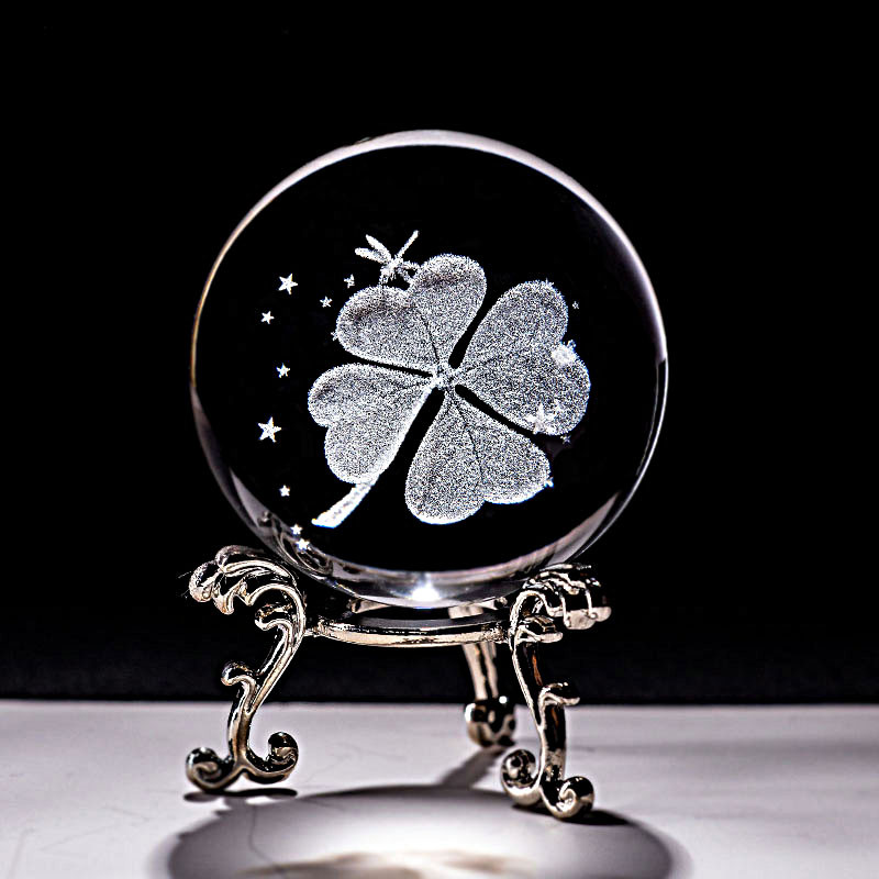 6 CM kristāla bumba četru lapu āboliņa miniatūras 3D lāzergravēts stikla sfēra, papīra svars, mājas dekorēšana, rotājumi, dāvanas, figūriņas