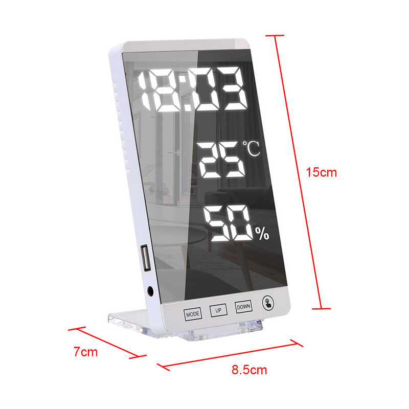 USB izvades ports Galda pulkstenis Laiks Temperatūra Mitruma Displejs LED Spogulis Modinātājs 6 collu skārienpoga Sienas digitālais pulkstenis