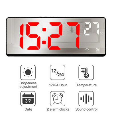 Valdymo balsu LED skaitmeninis žadintuvo režimas 12/24h baterijomis maitinamas stalas Dekoruokite stalinius laikrodžius veidrodinis žadintuvas miegamajame