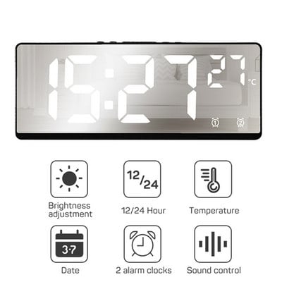 Valdymo balsu LED skaitmeninis žadintuvo režimas 12/24h baterijomis maitinamas stalas Dekoruokite stalinius laikrodžius veidrodinis žadintuvas miegamajame