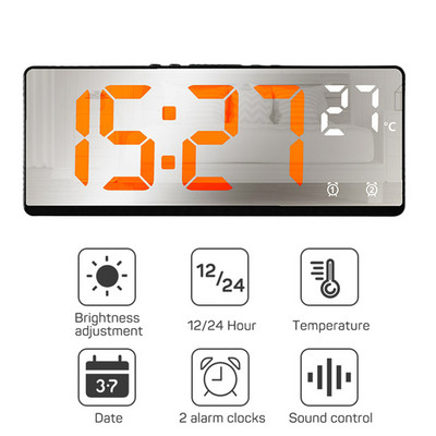 Valdymo balsu LED skaitmeninis žadintuvo režimas 12/24h baterijomis maitinamas stalas Dekoruokite stalinius laikrodžius veidrodinis žadintuvas miegamajame