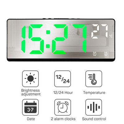 Valdymo balsu LED skaitmeninis žadintuvo režimas 12/24h baterijomis maitinamas stalas Dekoruokite stalinius laikrodžius veidrodinis žadintuvas miegamajame