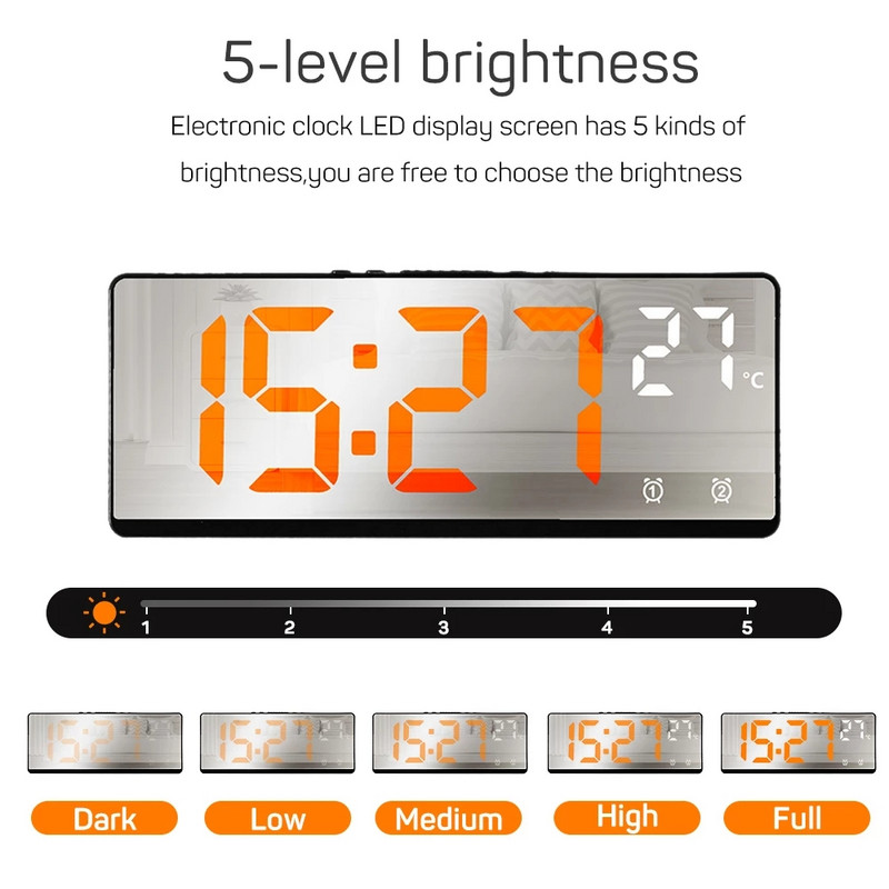 Valdymo balsu LED skaitmeninis žadintuvo režimas 12/24h baterijomis maitinamas stalas Dekoruokite stalinius laikrodžius veidrodinis žadintuvas miegamajame