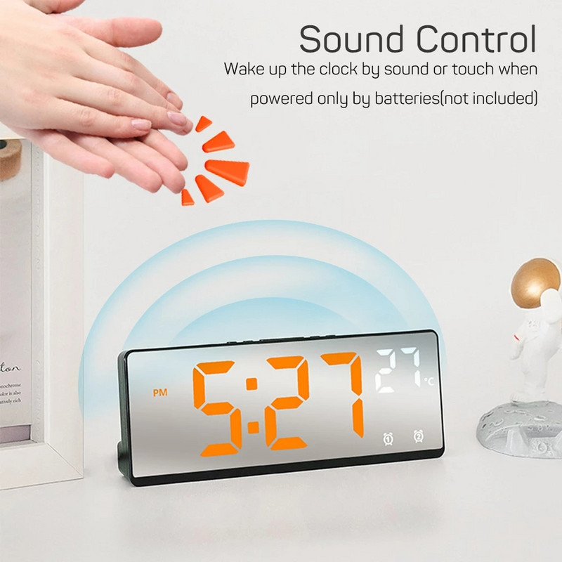 Valdymo balsu LED skaitmeninis žadintuvo režimas 12/24h baterijomis maitinamas stalas Dekoruokite stalinius laikrodžius veidrodinis žadintuvas miegamajame