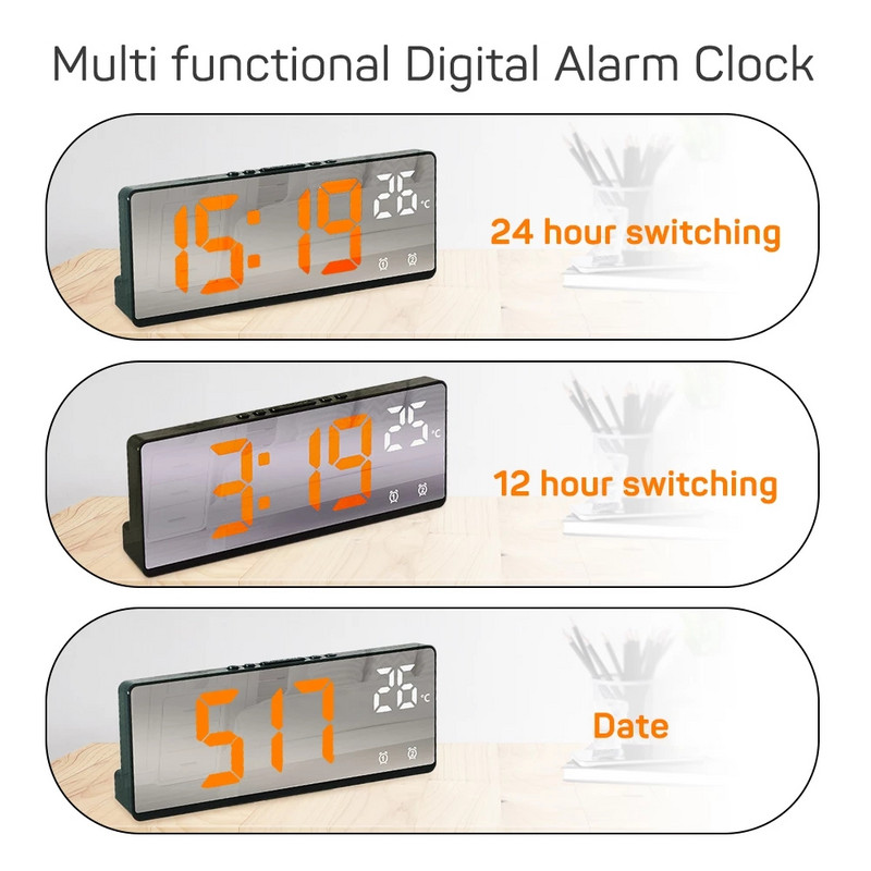 Valdymo balsu LED skaitmeninis žadintuvo režimas 12/24h baterijomis maitinamas stalas Dekoruokite stalinius laikrodžius veidrodinis žadintuvas miegamajame