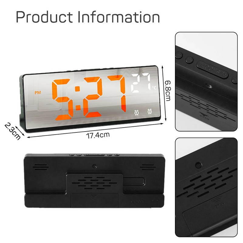 Valdymo balsu LED skaitmeninis žadintuvo režimas 12/24h baterijomis maitinamas stalas Dekoruokite stalinius laikrodžius veidrodinis žadintuvas miegamajame