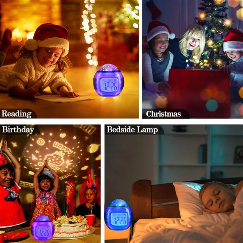 LED zenei ébresztőóra Csillagos csillagos égbolt vetítési színváltoztatás éjjeli lámpával naptári hőmérő szundi funkcióval