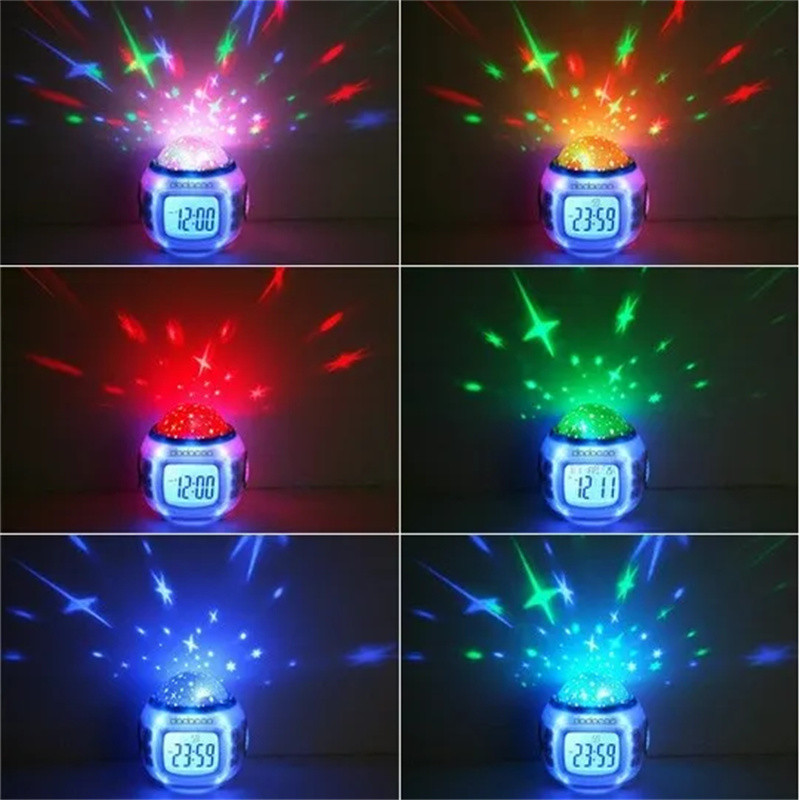 LED zenei ébresztőóra Csillagos csillagos égbolt vetítési színváltoztatás éjjeli lámpával naptári hőmérő szundi funkcióval