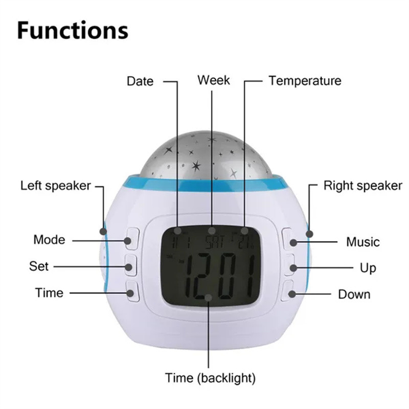 LED zenei ébresztőóra Csillagos csillagos égbolt vetítési színváltoztatás éjjeli lámpával naptári hőmérő szundi funkcióval