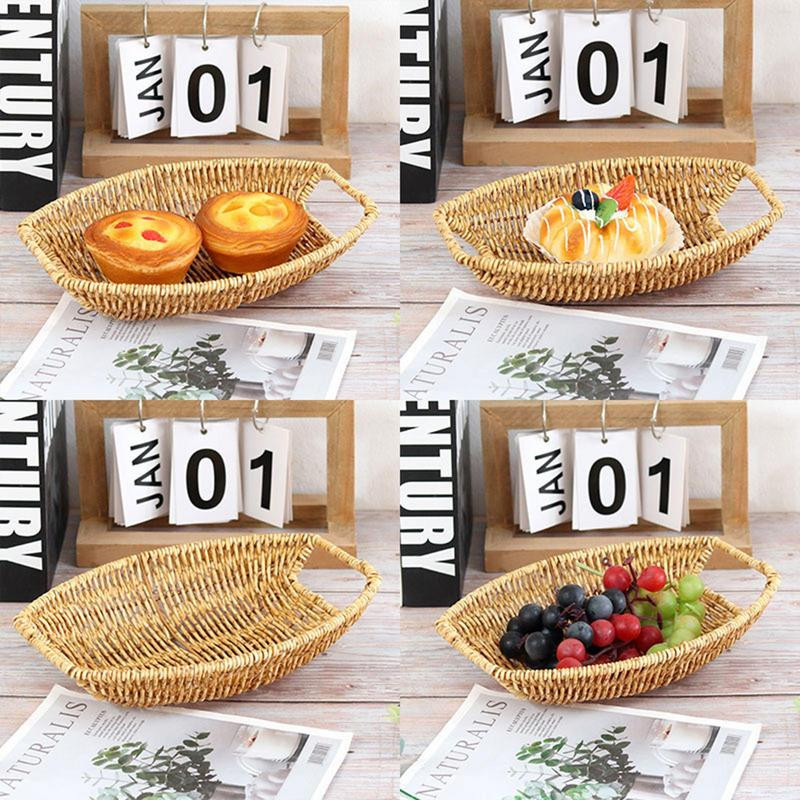 Rotangpalmas paplāte Pārnēsājama glabāšanas groza paplāte ar rokturiem Dekoratīva maizes paplāte Vintage organizatora šķīvju ēdiena pasniegšanas paplātes piederumi