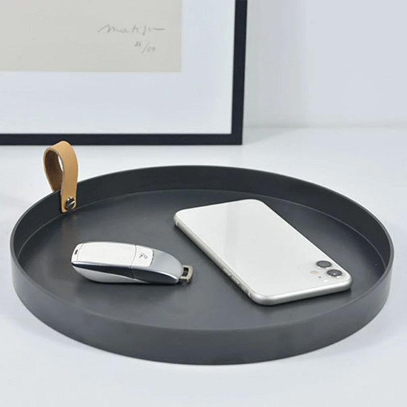 Galddatora uzglabāšanas paplāte Ziemeļvalstu plastmasas apaļas rotaslietu paplātes Dzīvojamā istaba Virtuves galds Ēdienu uzkodu paplātes šķīvis ar rokturi Mājas dekors