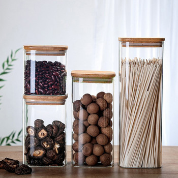 Квадратен стъклен буркан, запечатващ кухненски зърнен чай, резервоар за съхранение на Mason с бамбуков капак за подправки, подправки, органайзер, контейнер
